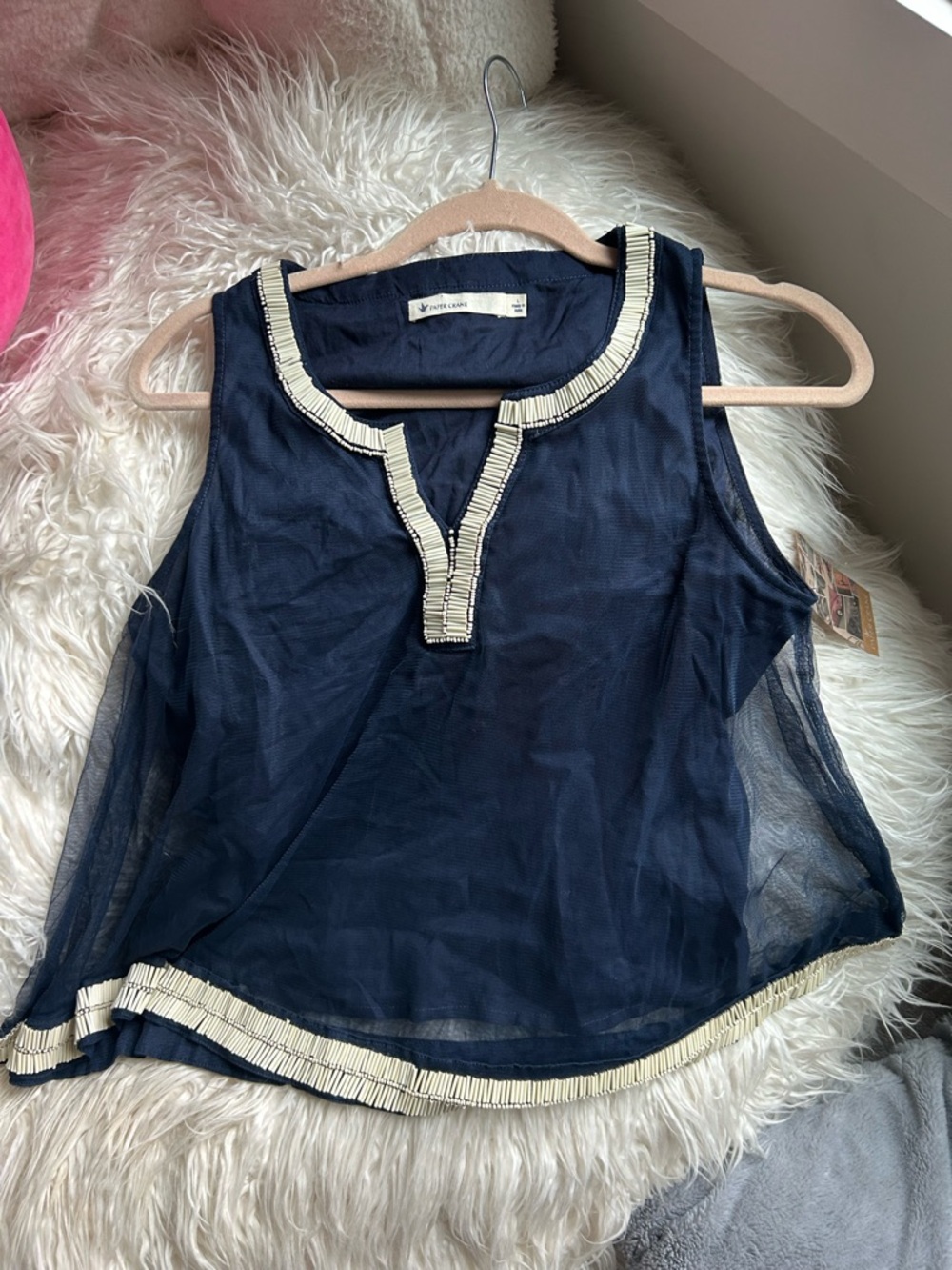 NWT Paper Crane Navy Sleeveless Camisole with Cream Beaded Trim
